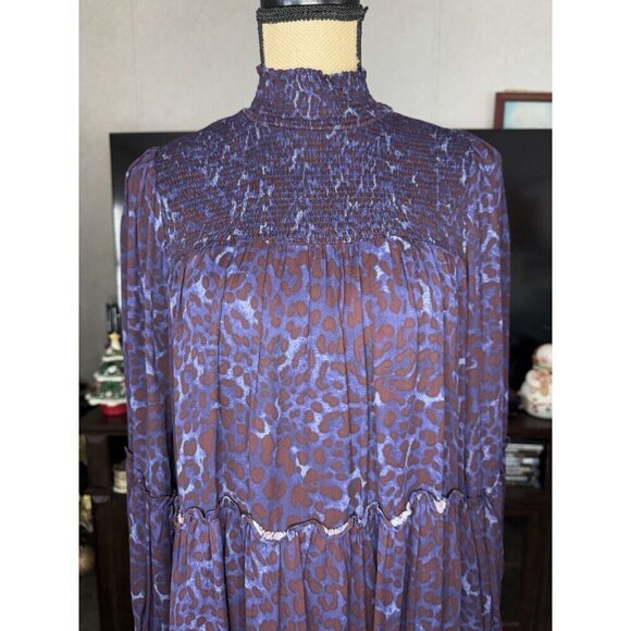 Purple Leopard Print Smocked Mini Dress Long Sleeve High Neck Peasant MEDIUM - Picture 7 of 11